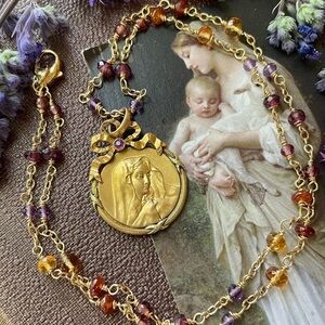 Antique French Savard Mother Mary Pendant Sunset colored Garnet Beaded Necklace
